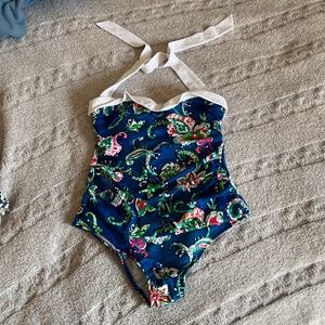 Ralph Lauren One Piece Swimsuit Blue White Floral Size 8